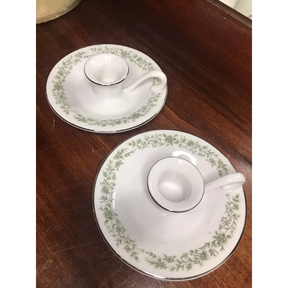2 Mikasa G9059 China Porcelain Candle Holders Montclair Green Floral Silver Trim